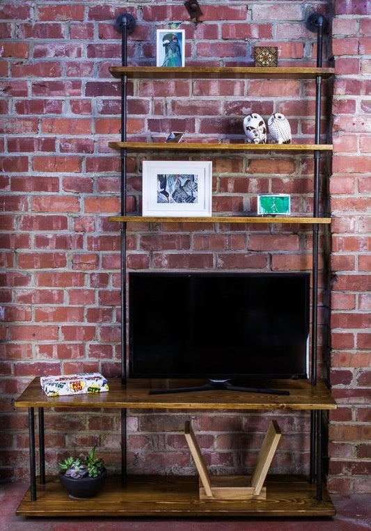 a media unit made with industrial gas pipe. 80 x 44cm bottom two shelves, 55 x 23cm top 3 shelves - modern media unit, tv unit, contemporary media unit, tv stand, modern tv stand, industrial design