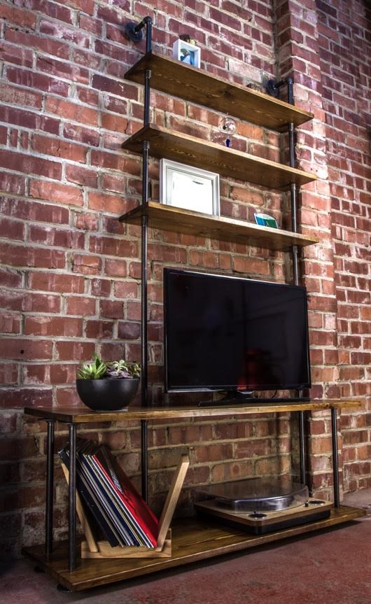 a media unit made with industrial gas pipe. 80 x 44cm bottom two shelves, 55 x 23cm top 3 shelves - modern media unit, tv unit, contemporary media unit, tv stand, modern tv stand, industrial design