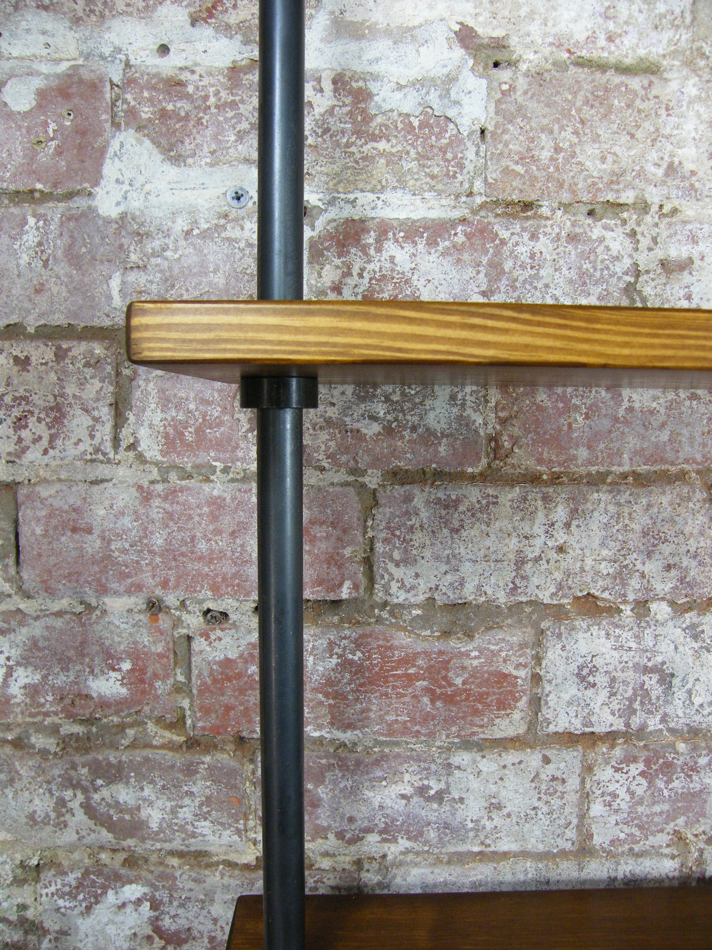 Redwood, scaffold board, birch ply... gas pipe, scaff pipe or copper!  Whatever the combination, here you'll find my collection of Floor Standing Shelving Units - This page shows a 2 bay kitchen shelving storage unit, with three vertical black pipe struts and five shelves. Perfect for kitchen storage as in the picture, or as a bookcase. 