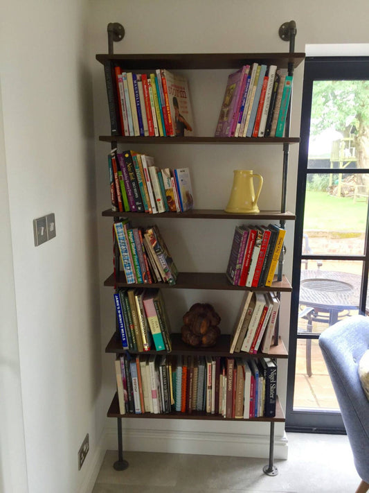 a floor standing industrial gas pipe shelving unit bookcase with 6 shelves