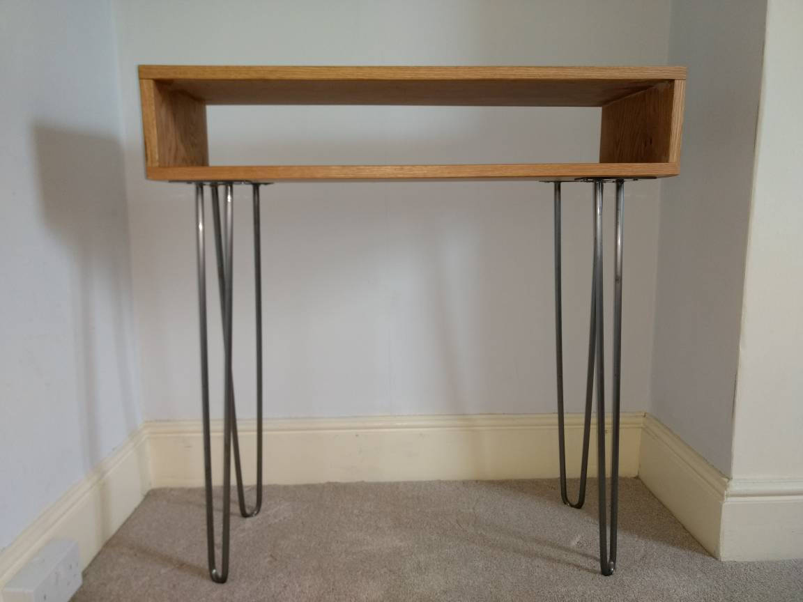 A mid century modern style console table / dressing table in american white oak with hairpin legs. open box style. bedroom furniture. handmade UK hallway console table. 