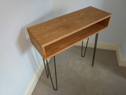 A mid century modern style console table / dressing table in american white oak with hairpin legs. open box style. bedroom furniture. handmade UK hallway console table. 