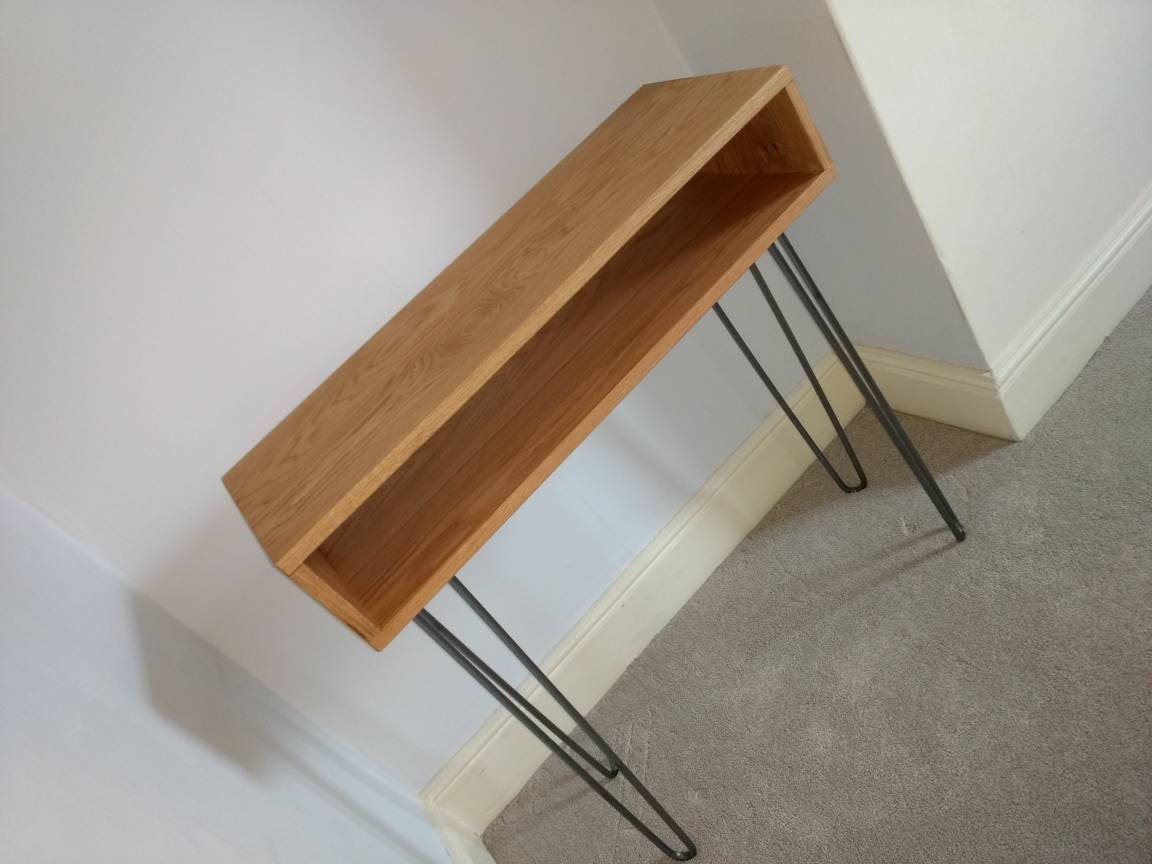 A mid century modern style console table / dressing table in american white oak with hairpin legs. open box style. bedroom furniture. handmade UK hallway console table. 