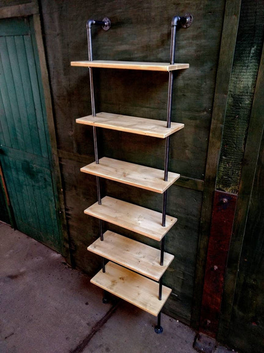 A 6 shelf fllor standing bookcase made from industrial gas pipe. contemporary design. light natural coloured 20mm thick redwood shelves. 