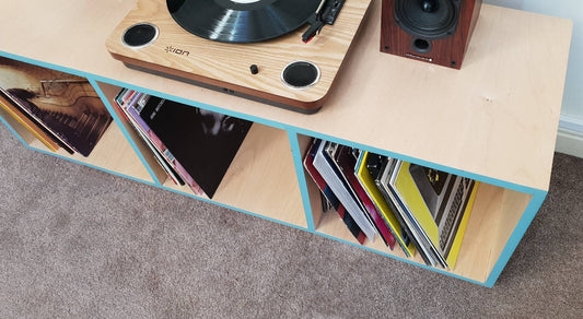 birch plywood record storage - 3 bays - teal accents - record storage
