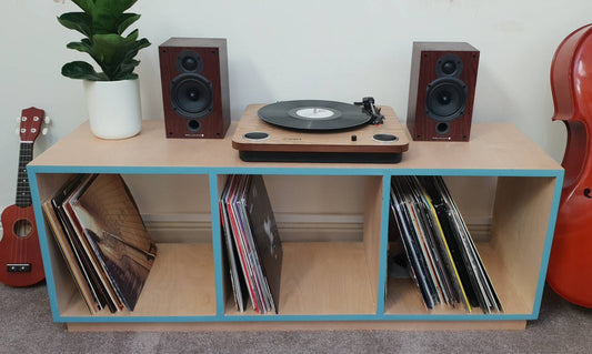 birch plywood record storage - 3 bays - teal accents - record storage