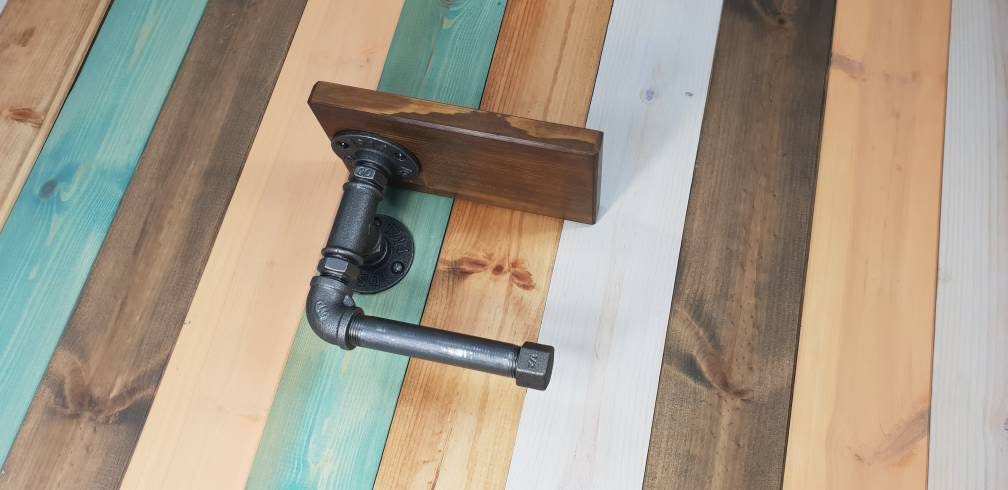 an industrial has pipe loo roll holder toilet roll holder with a 15 x  9cm walnut style finish top