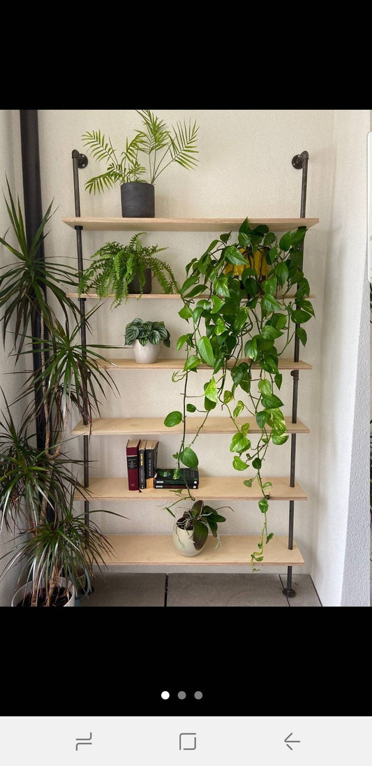 2, 3 or 4 shelves, hangin on your wall!  Copper, gas and scaff pipe  Birch ply, redwood or scaff board   - Birch plywood shelves, black gas pipe floor standing bookcase