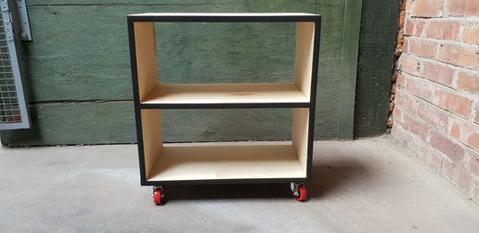 birch plywood record storage - 3 bays - black accents - record storage - red castors