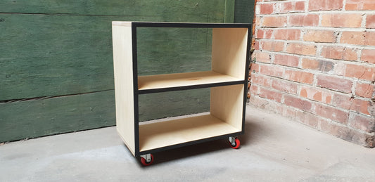 birch plywood record storage - 3 bays - black accents - record storage - red castors
