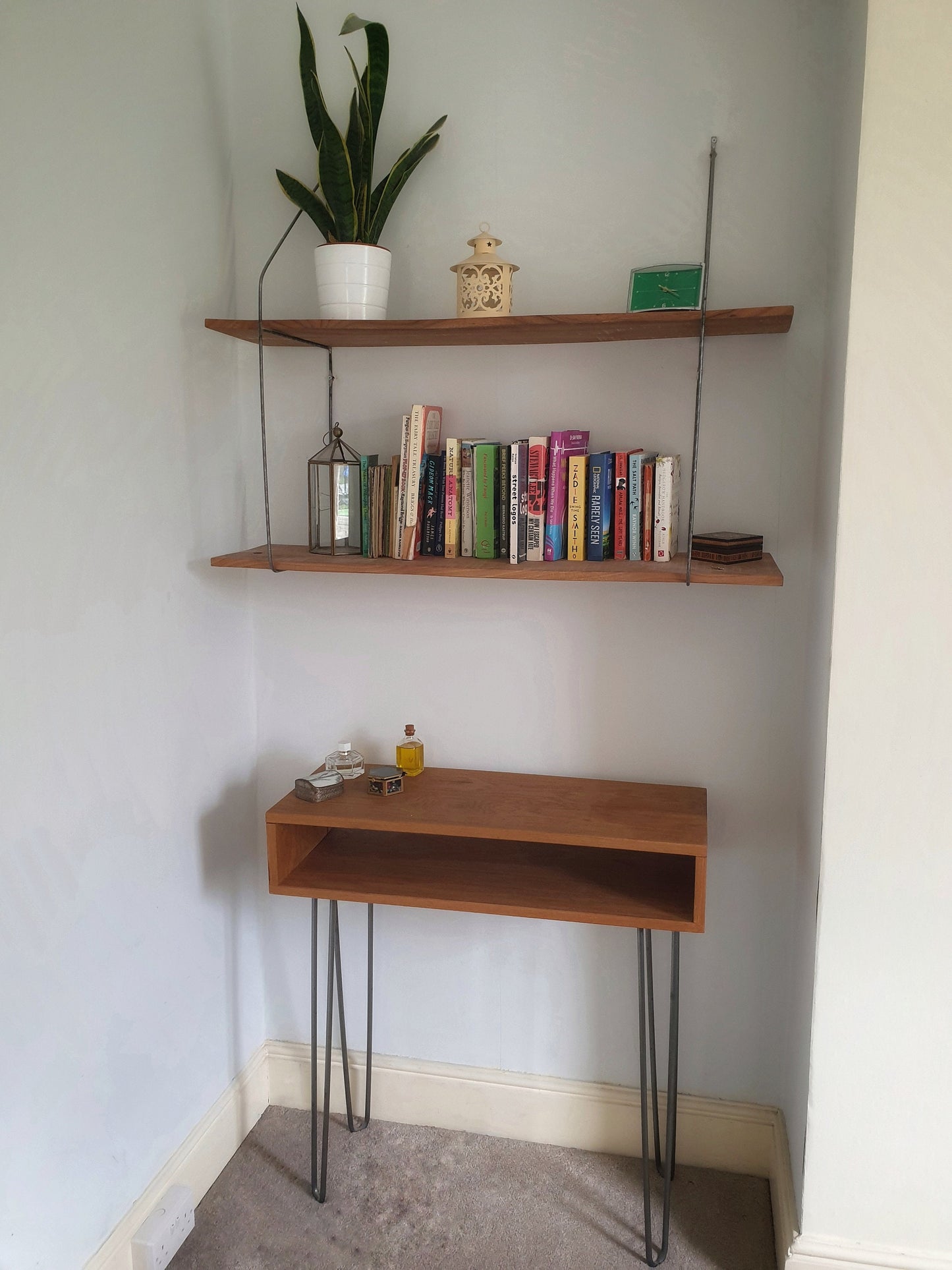 A mid century modern style console table / dressing table in american white oak with hairpin legs. open box style. bedroom furniture. handmade UK hallway console table. 