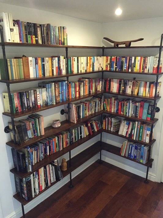 an L shaped corner unit with 6 shelves, walnut finish, 1m x 2m