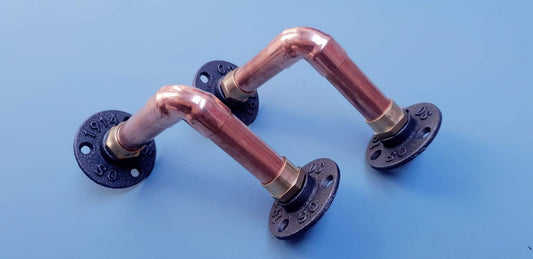 copper pipe, brass coupler, black malleable iron wall bracket